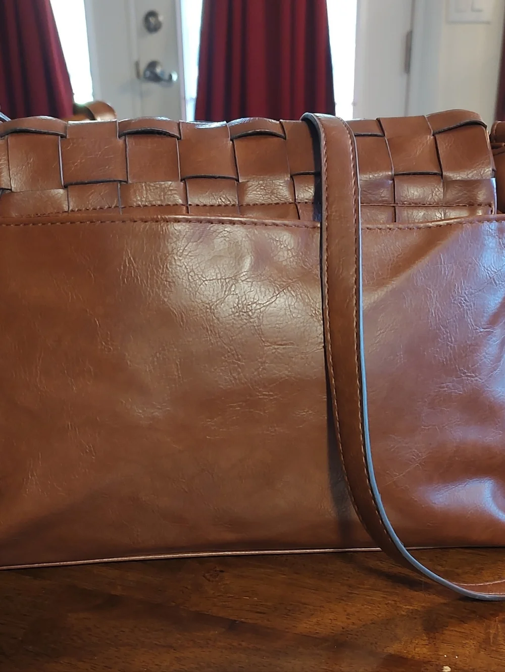 Woven Leather Messenger Bag with Matching Wallet - Brown